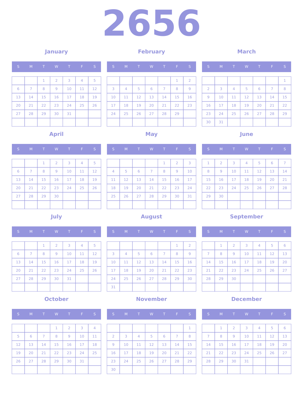 Printable 2656 Year Calendars periwinkle