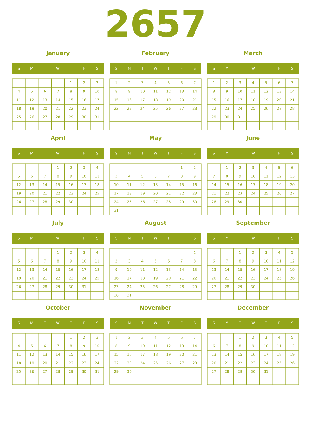 Printable 2657 Year Calendars chartreuse