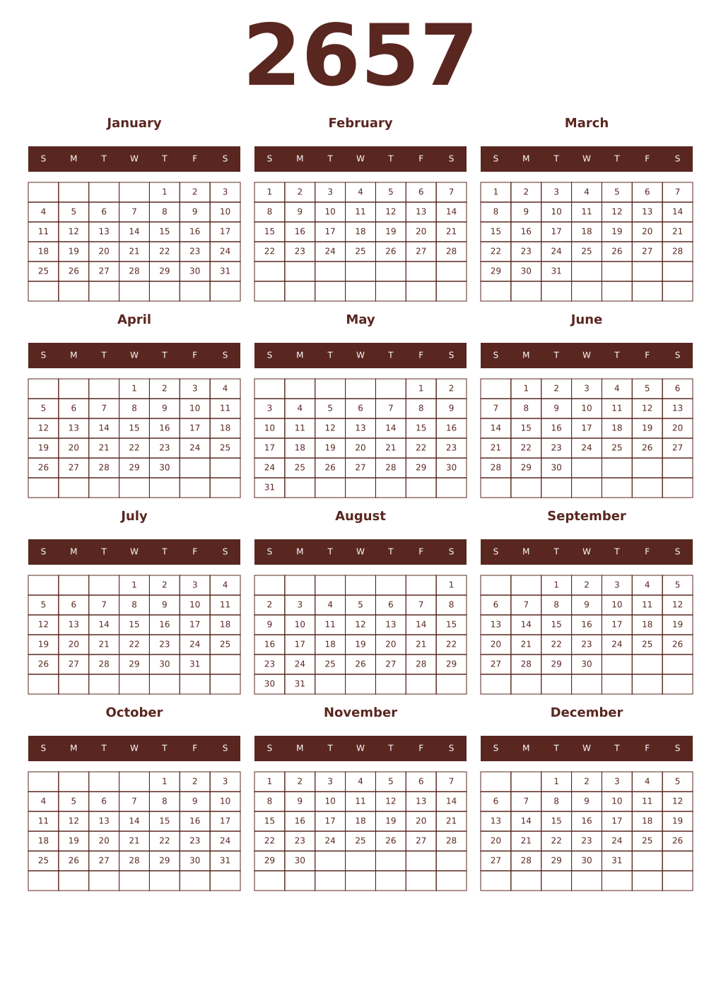 Printable 2657 Year Calendars mortuum