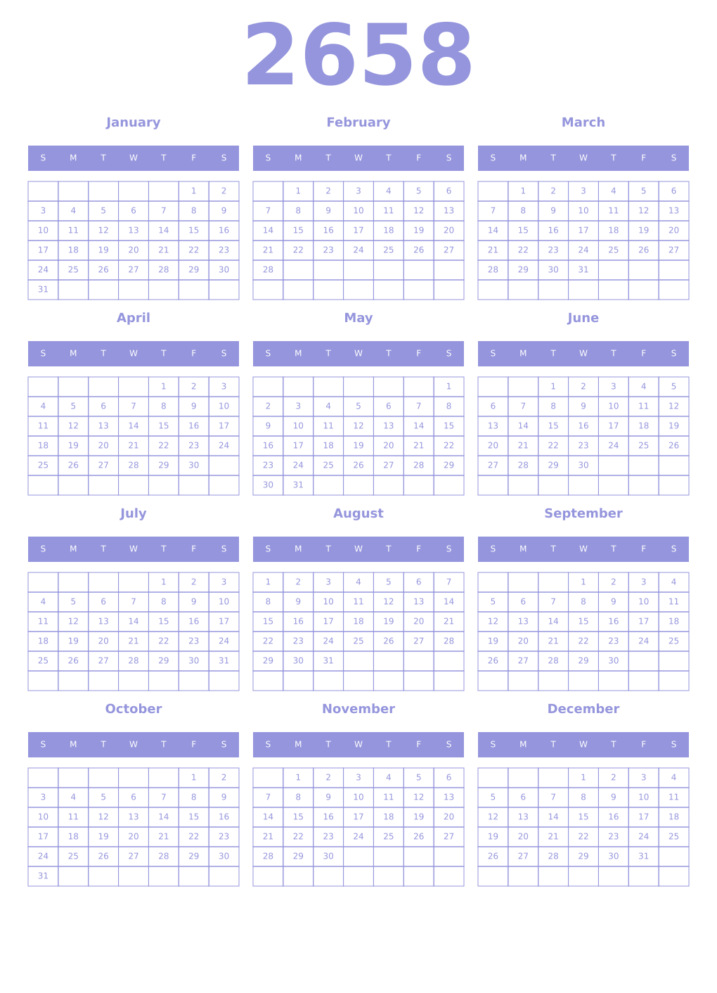 Printable 2658 Year Calendars periwinkle