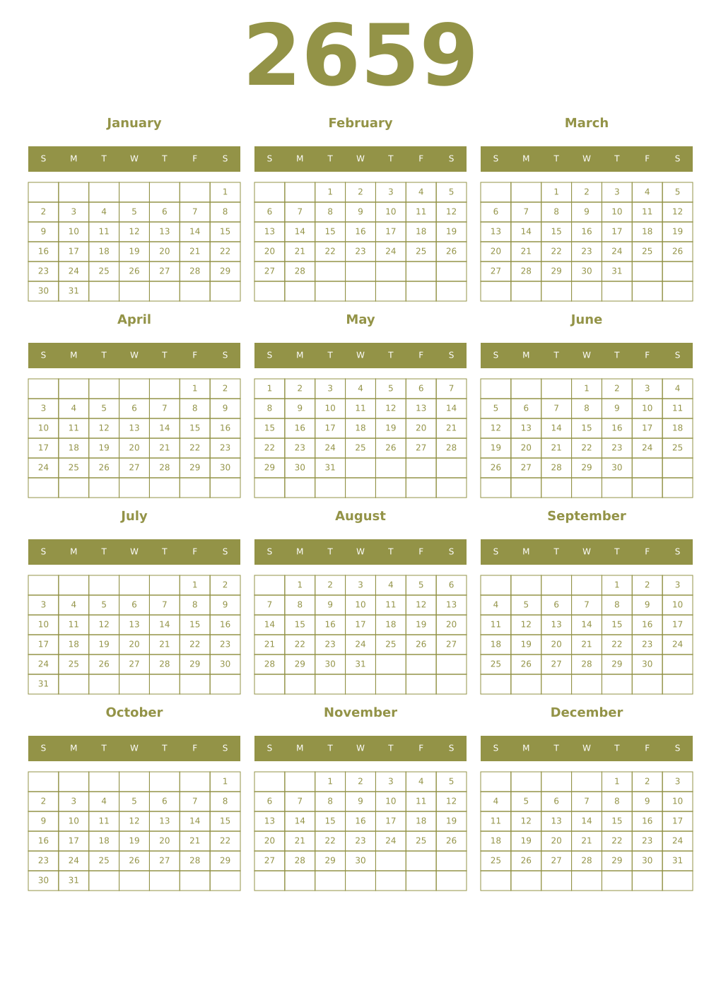 Printable 2659 Year Calendars eburnean