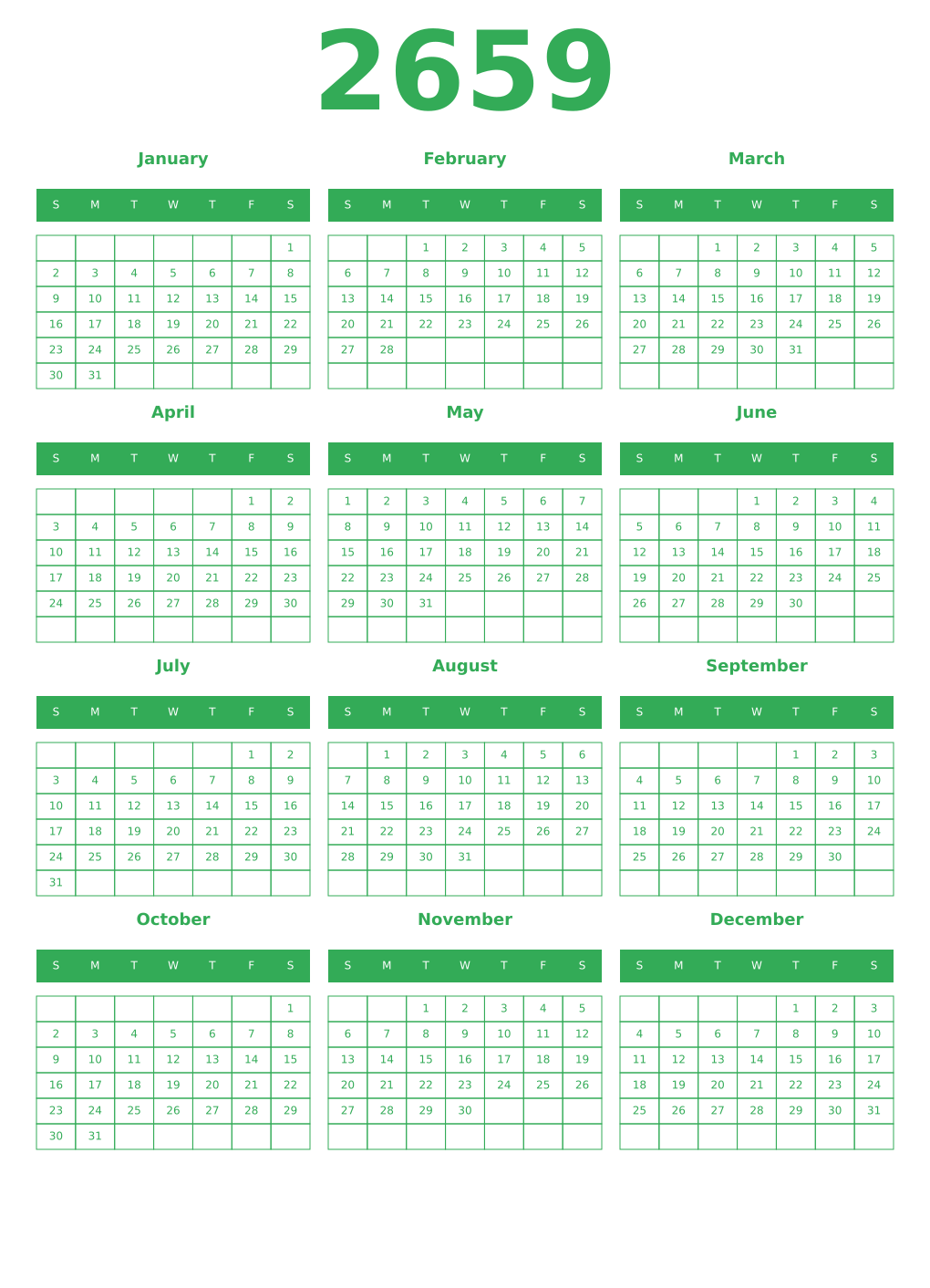 Printable 2659 Year Calendars green