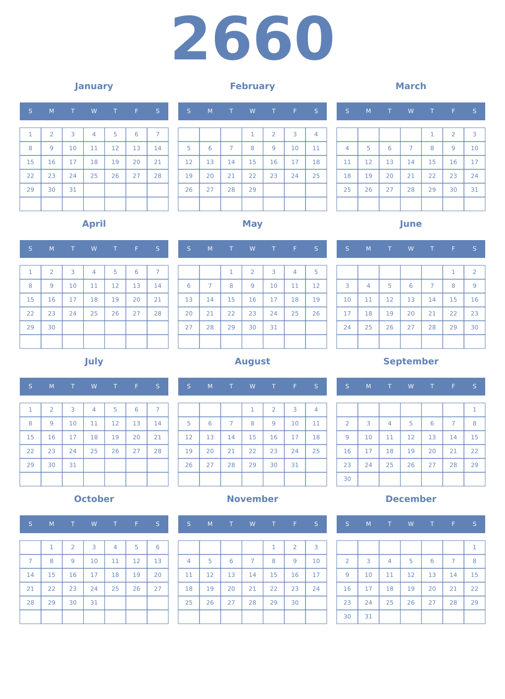 Printable 2660 Year Calendars glaucous
