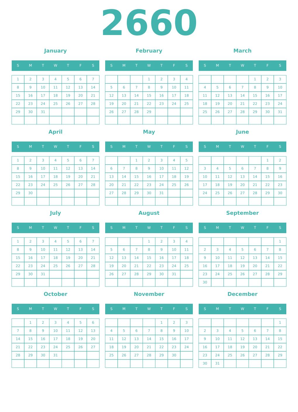 Printable 2660 Year Calendars verdigris