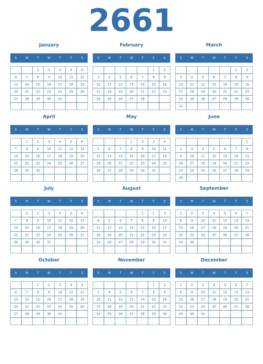 Printable 2661 Year Calendars blue