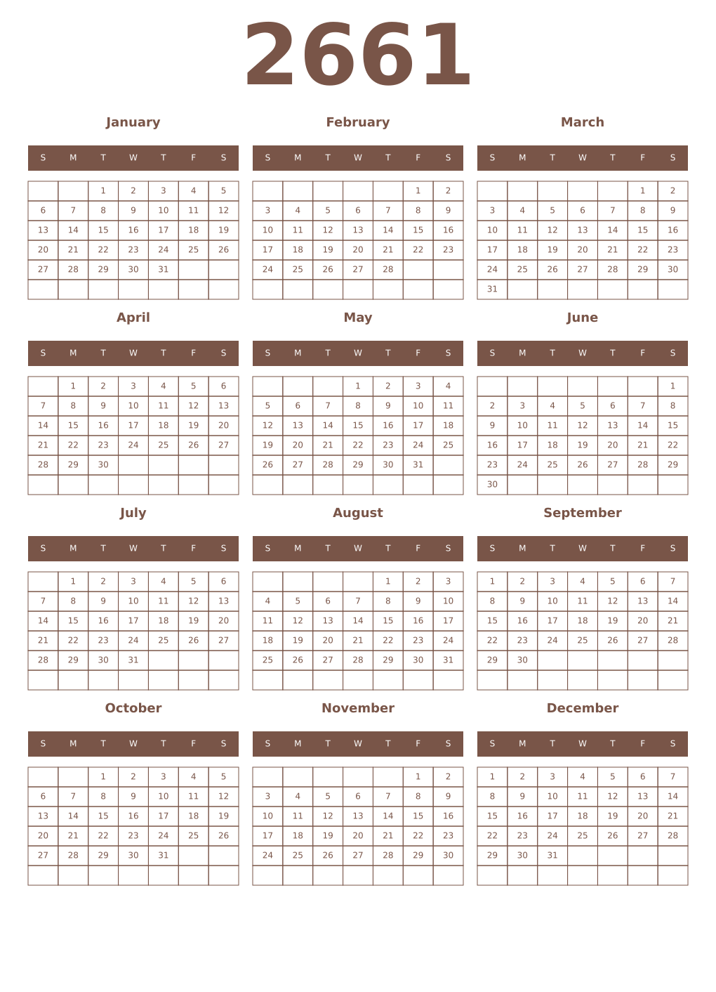 Printable 2661 Year Calendars coffe