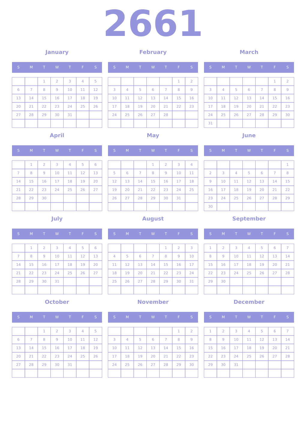Printable 2661 Year Calendars periwinkle