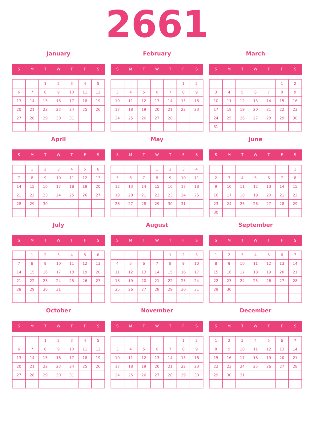 Printable 2661 Year Calendars pink