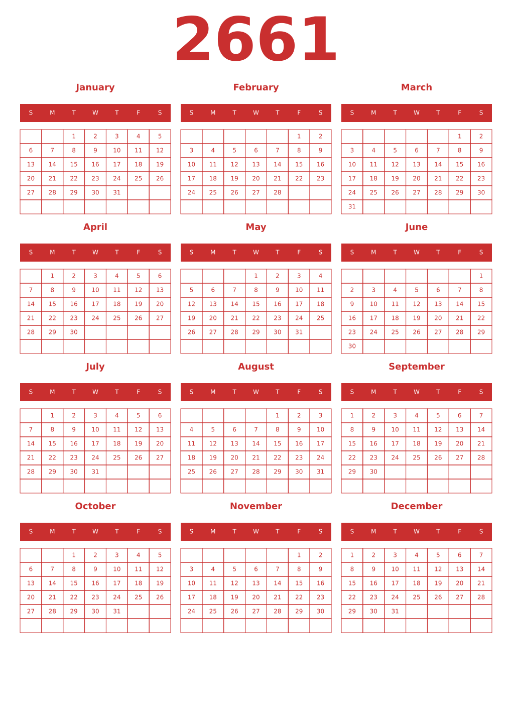 Printable 2661 Year Calendars red
