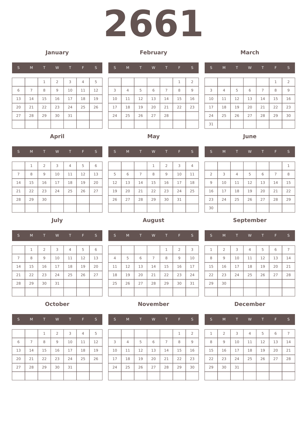 Printable 2661 Year Calendars wenge