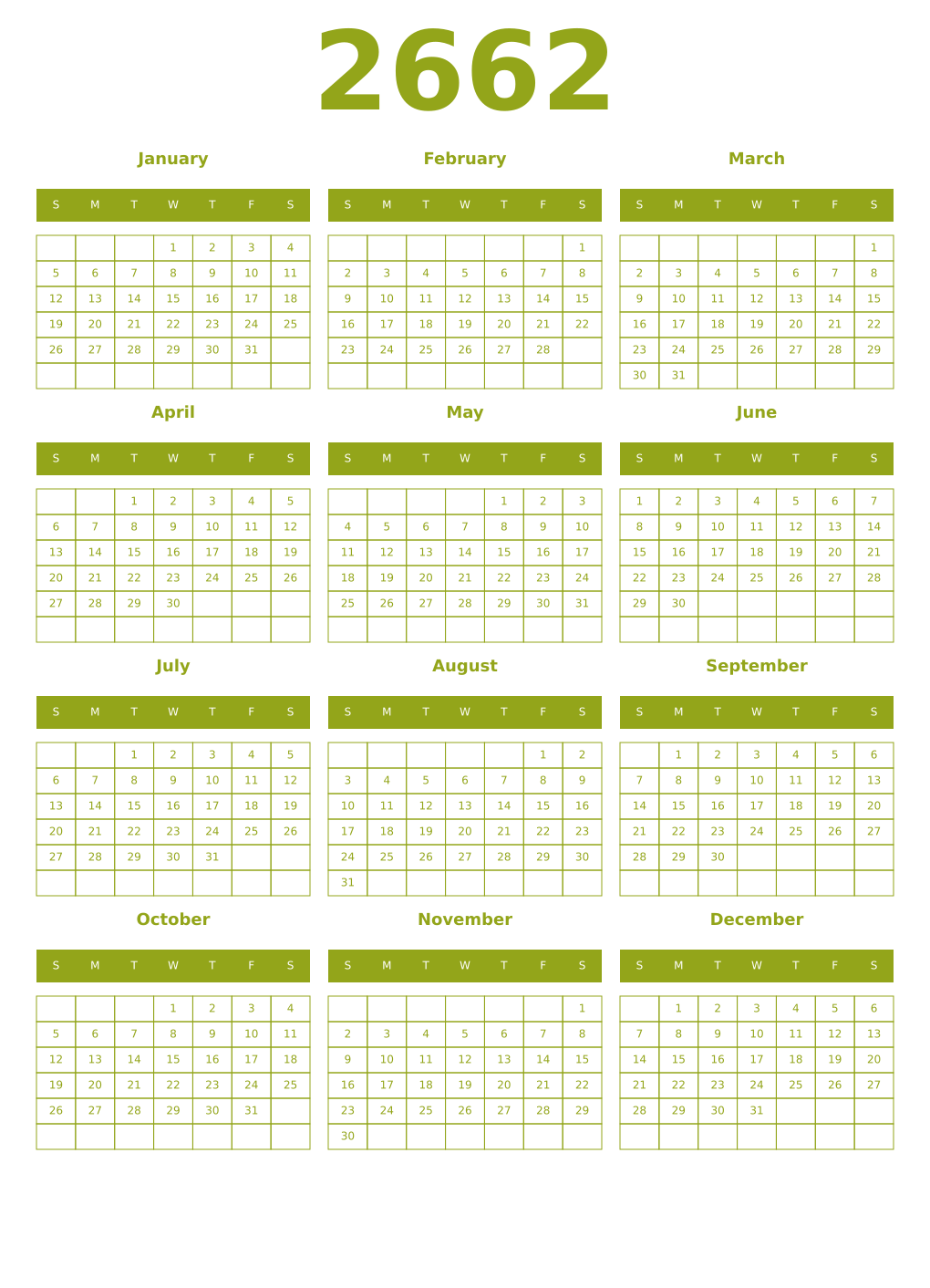 Printable 2662 Year Calendars chartreuse