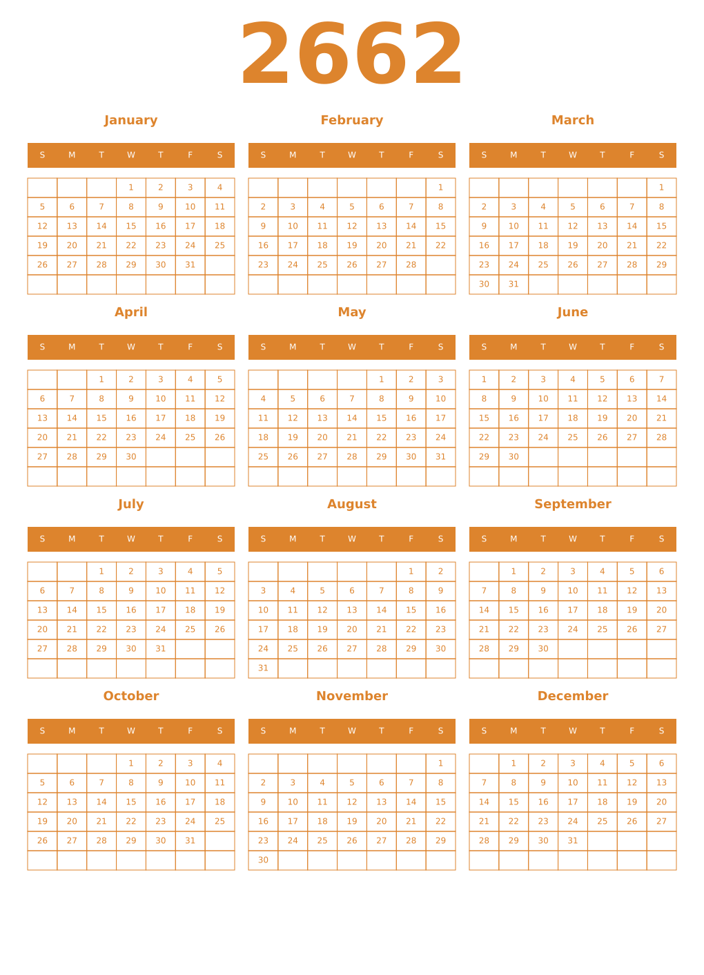 Printable 2662 Year Calendars orange