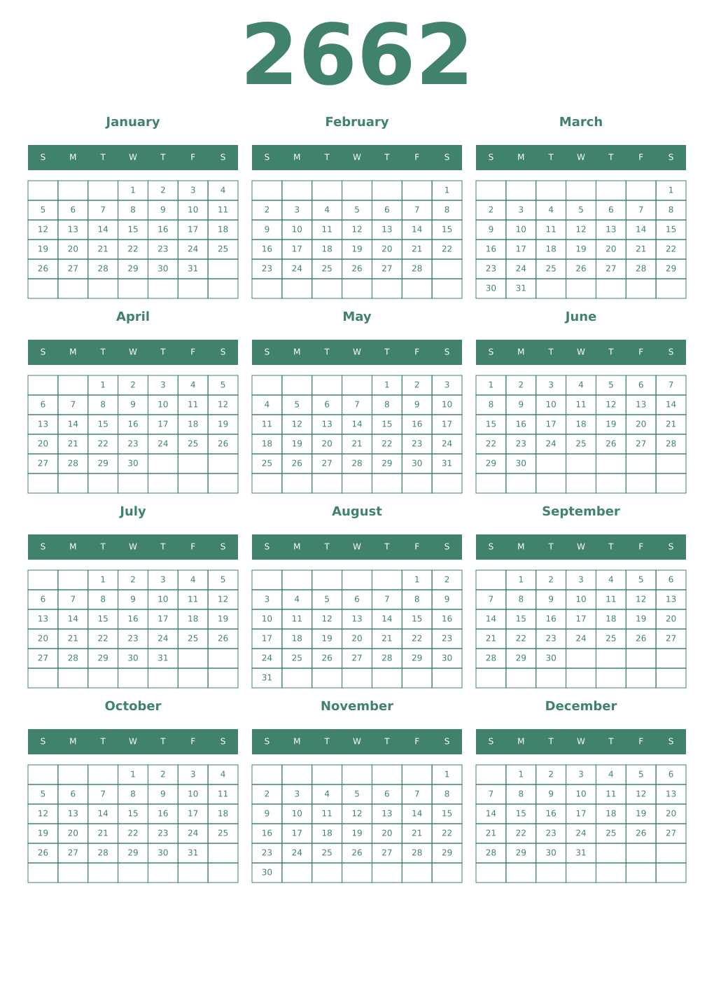 Printable 2662 Year Calendars viridian