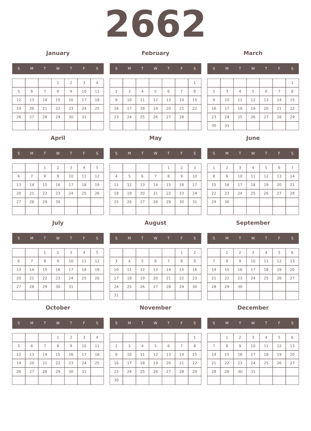 Printable 2662 Year Calendars wenge