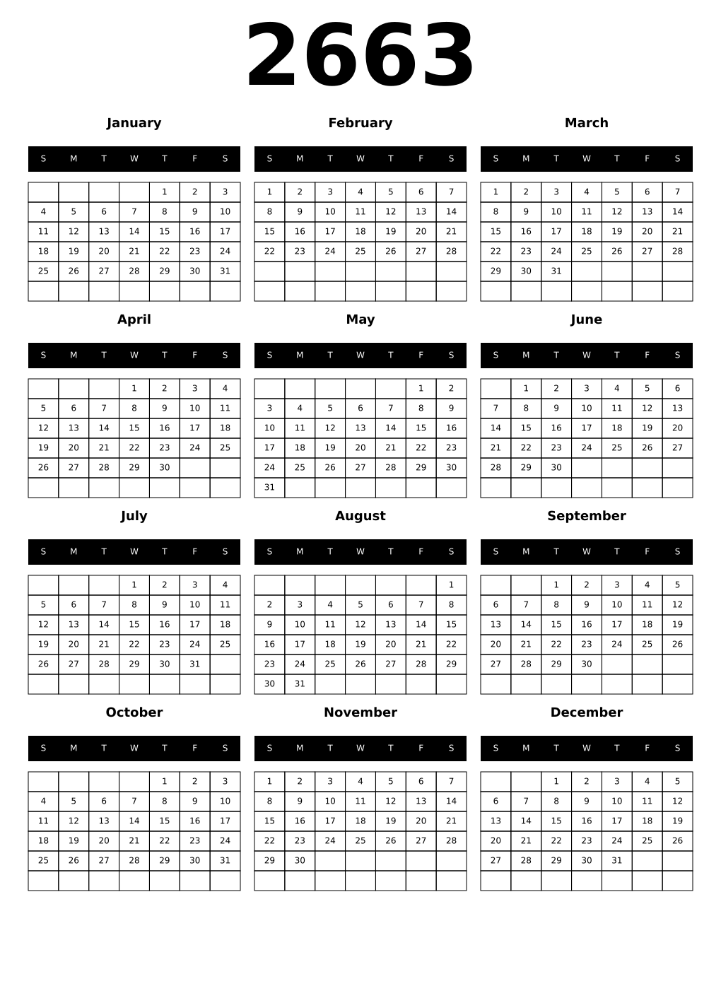 Printable 2663 Year Calendars black