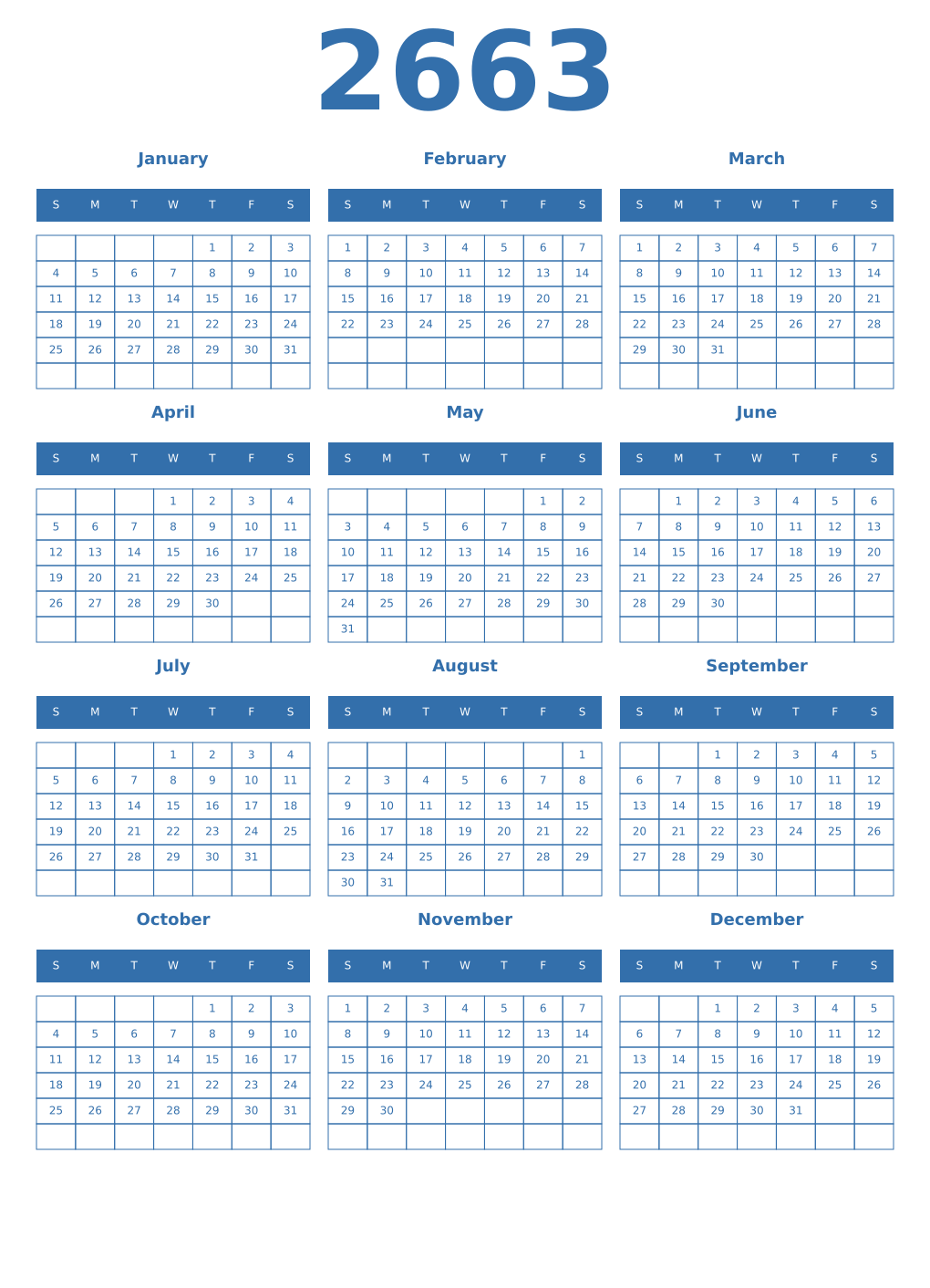 Printable 2663 Year Calendars blue