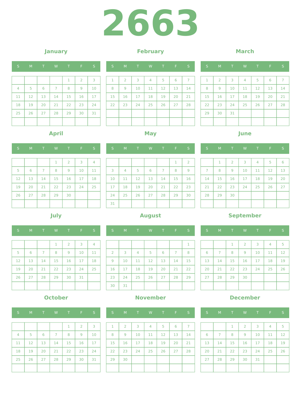 Printable 2663 Year Calendars celadon