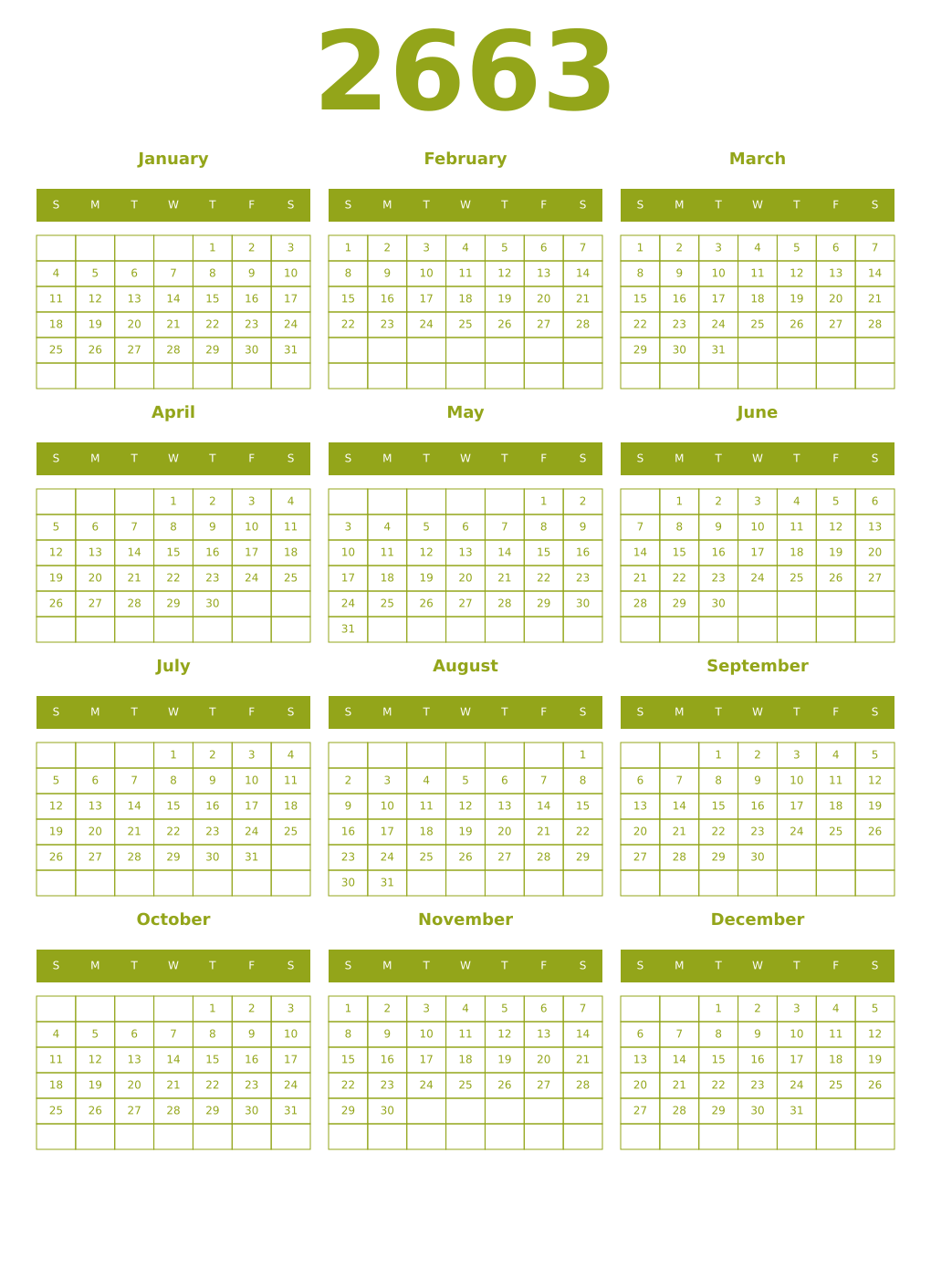 Printable 2663 Year Calendars chartreuse