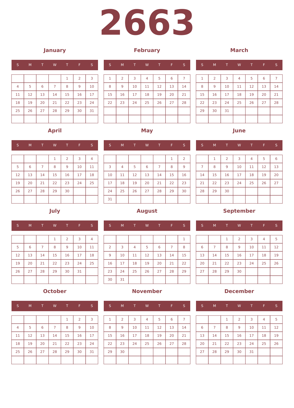 Printable 2663 Year Calendars cordovan