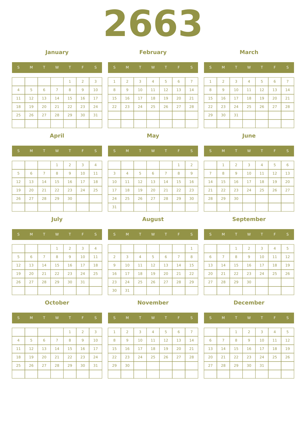 Printable 2663 Year Calendars eburnean