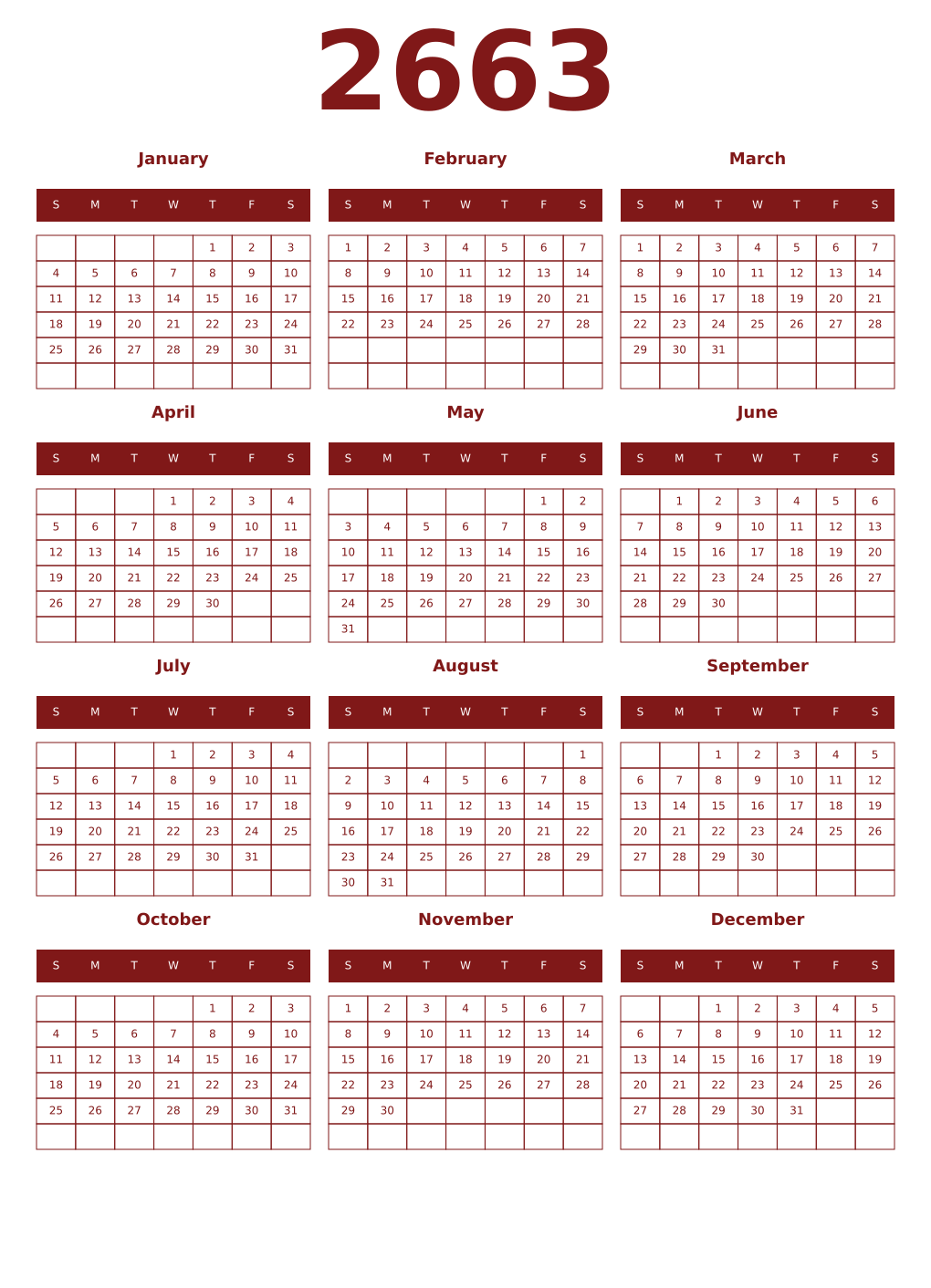 Printable 2663 Year Calendars falu