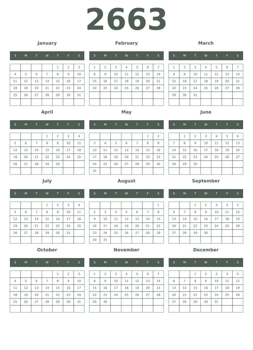 Printable 2663 Year Calendars feldgrau