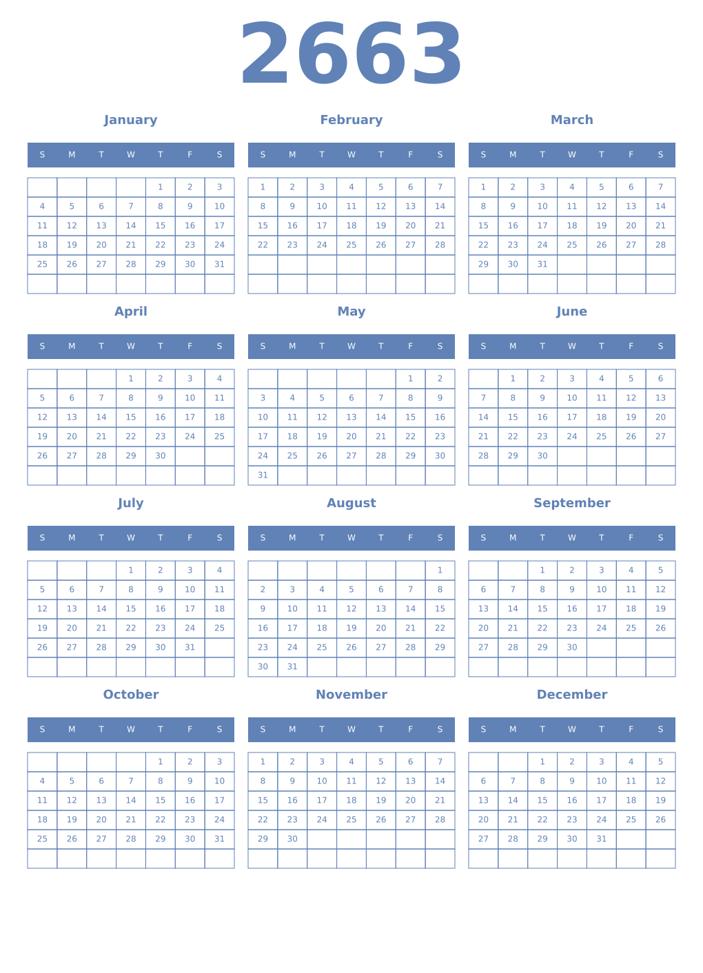 Printable 2663 Year Calendars glaucous