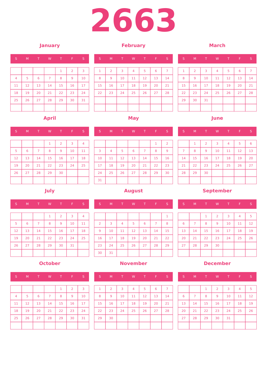 Printable 2663 Year Calendars pink