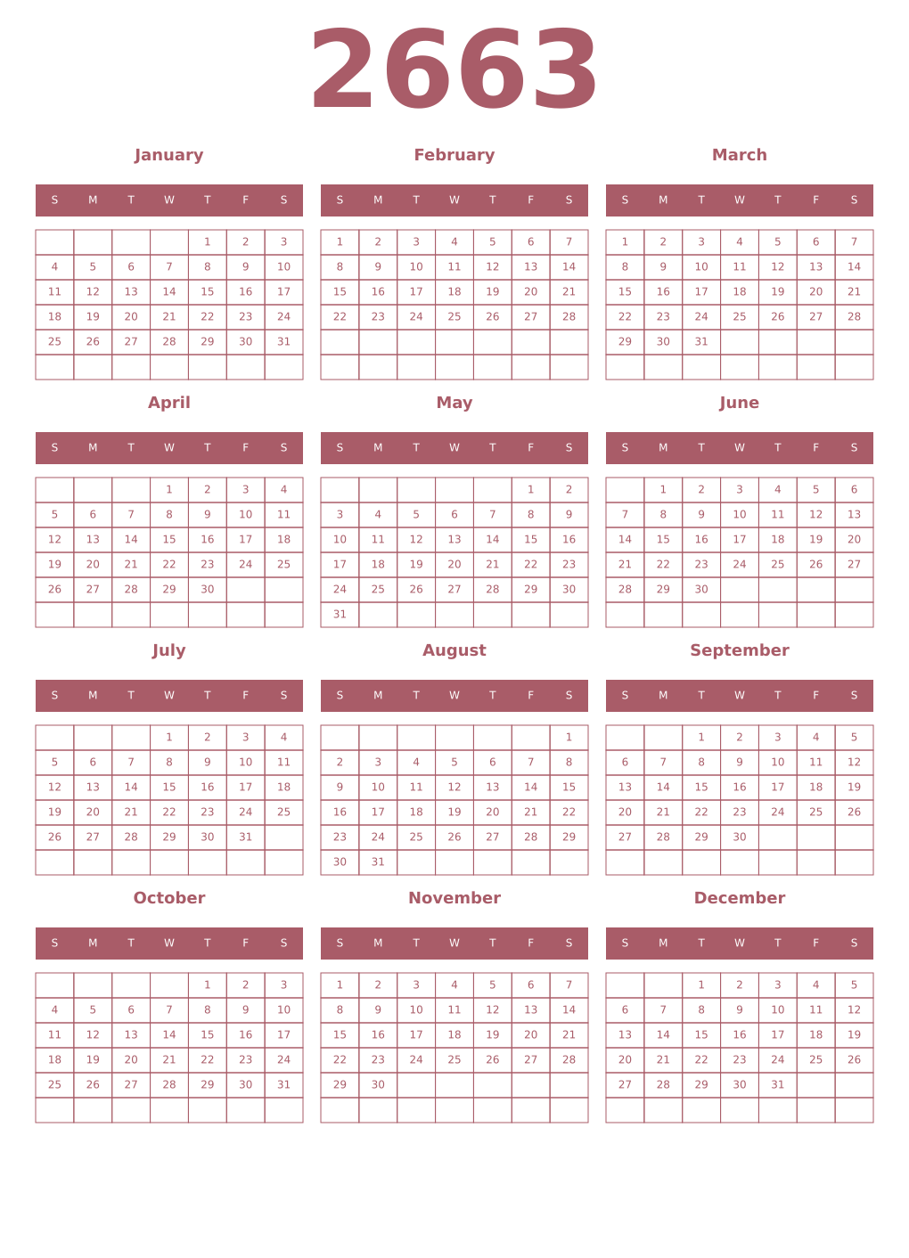 Printable 2663 Year Calendars puce