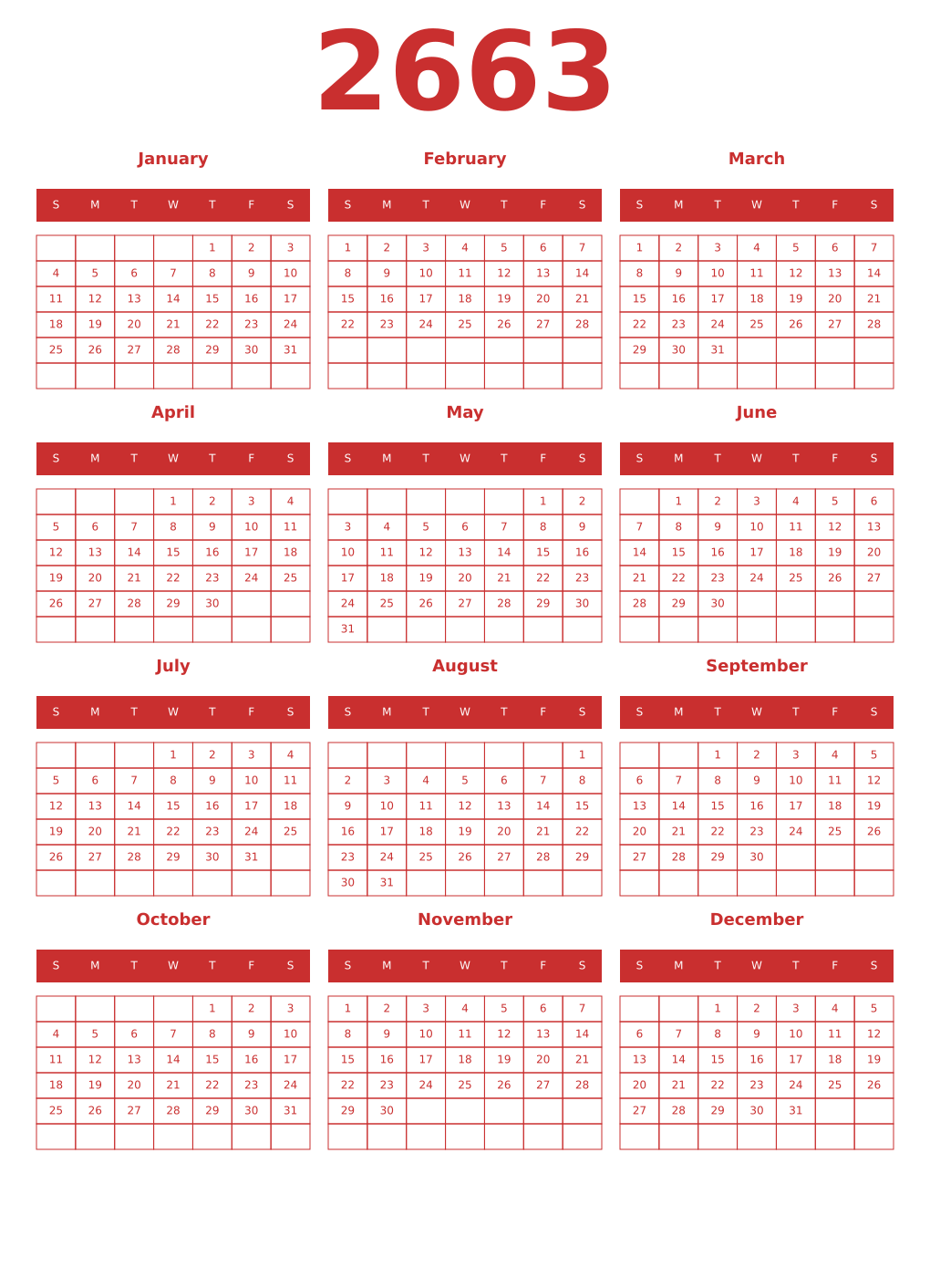 Printable 2663 Year Calendars red