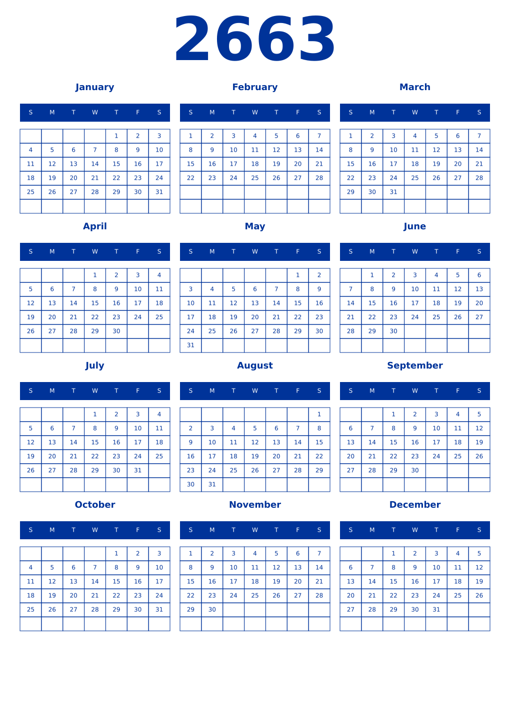 Printable 2663 Year Calendars smalt