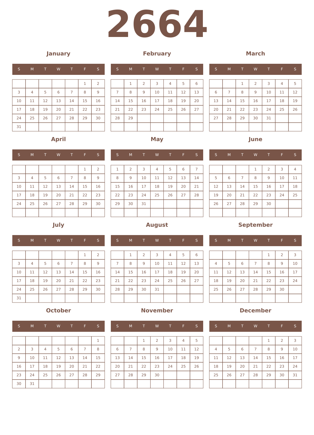 Printable 2664 Year Calendars coffe