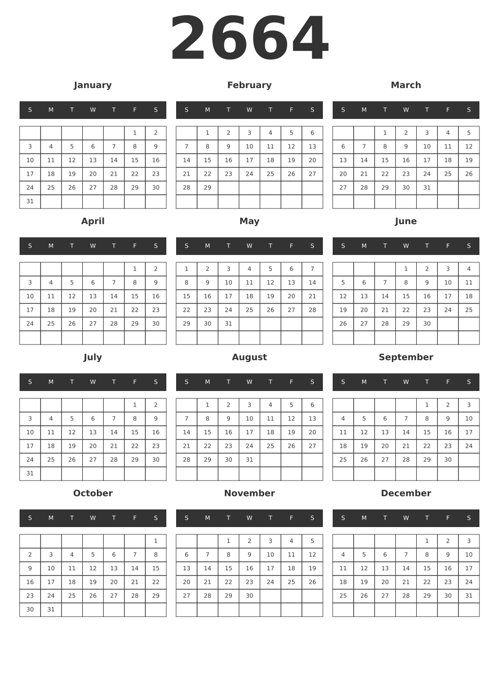 Printable 2664 Year Calendars dark