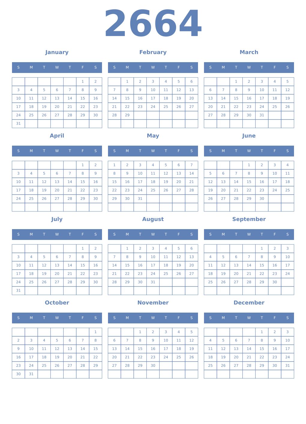 Printable 2664 Year Calendars glaucous