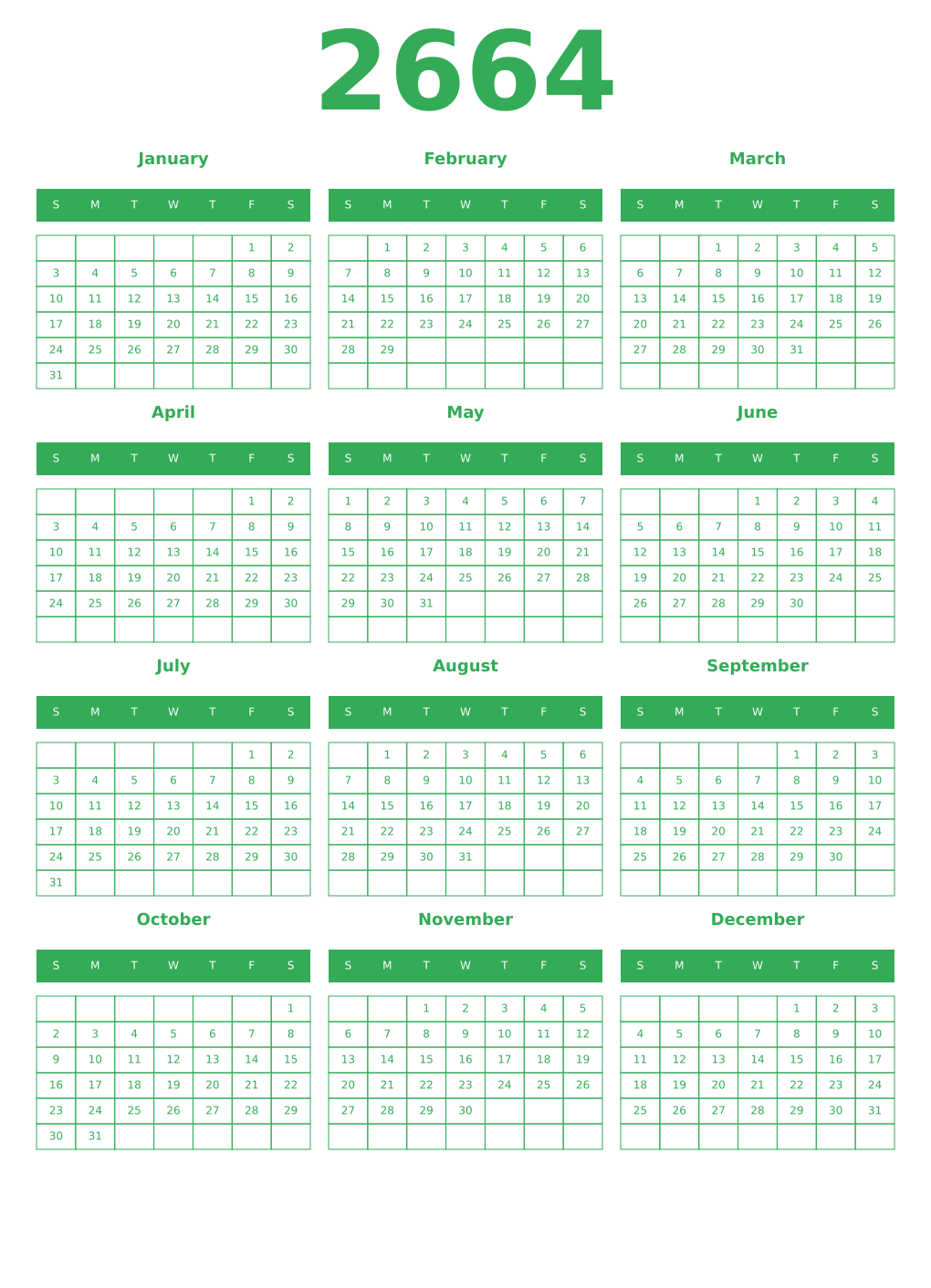 Printable 2664 Year Calendars green