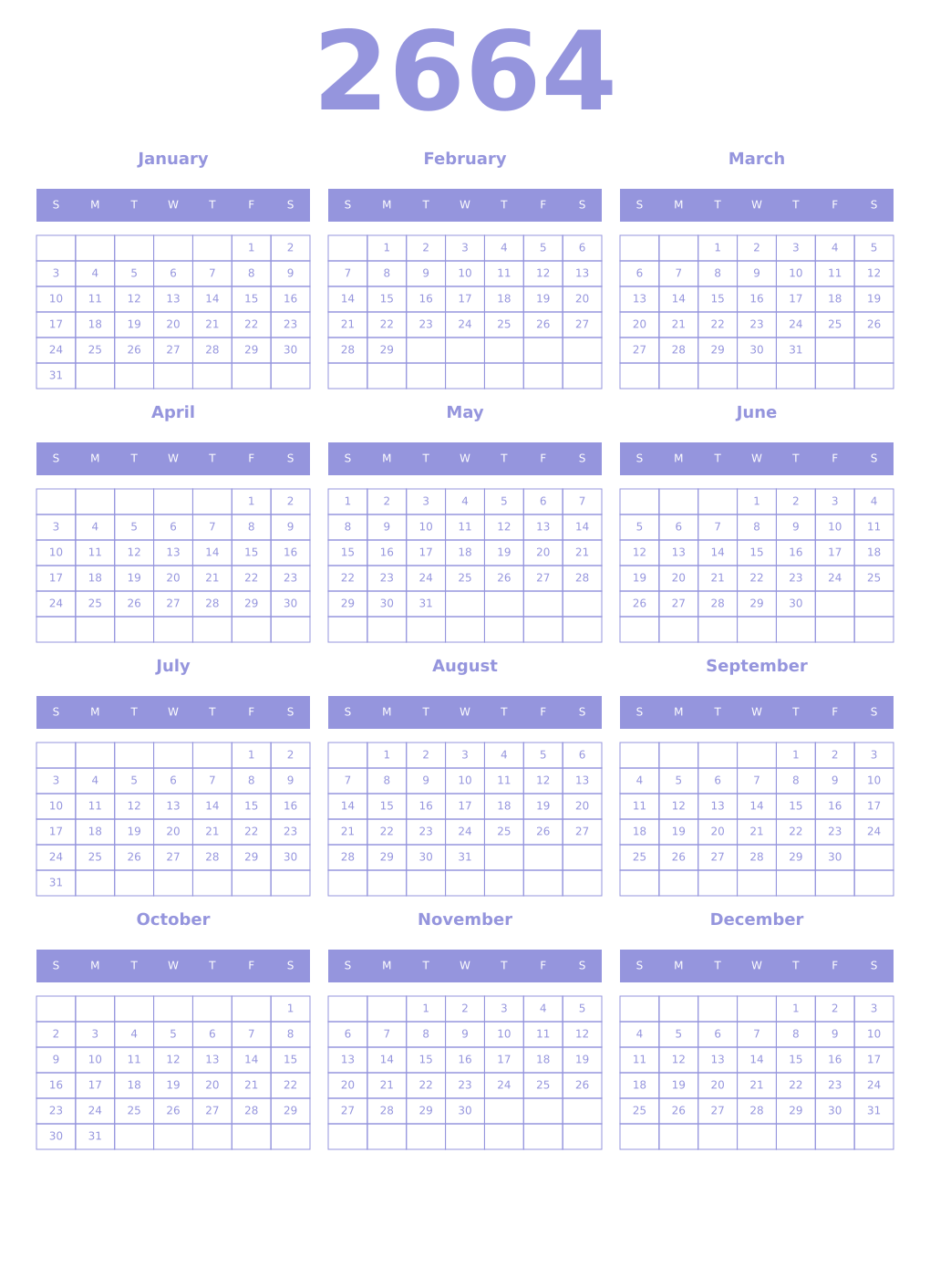 Printable 2664 Year Calendars periwinkle