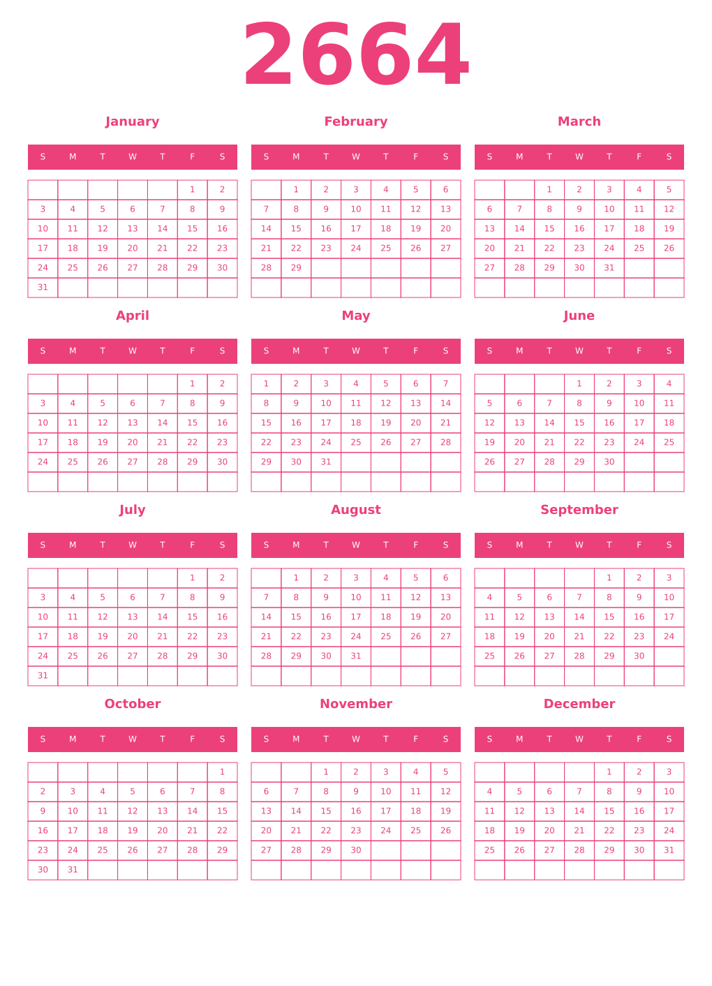 Printable 2664 Year Calendars pink