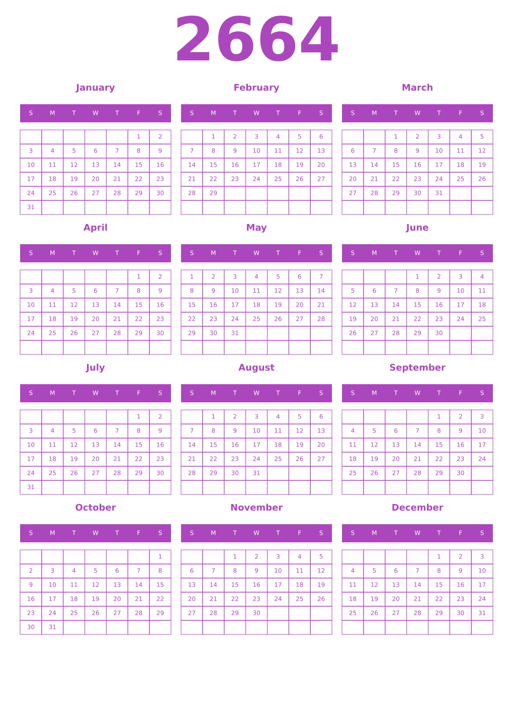 Printable 2664 Year Calendars purple