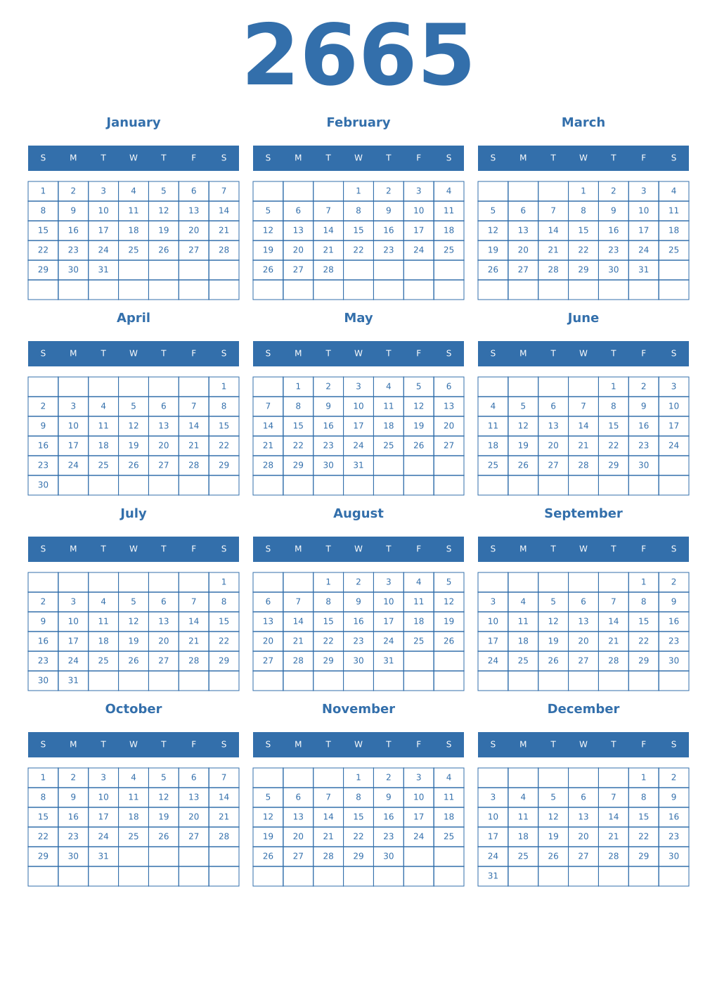 Printable 2665 Year Calendars blue