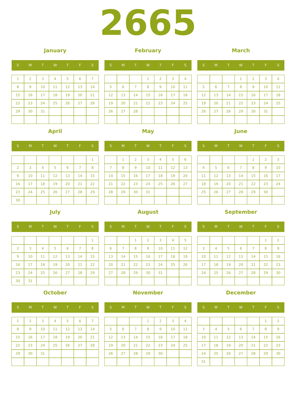 Printable 2665 Year Calendars chartreuse