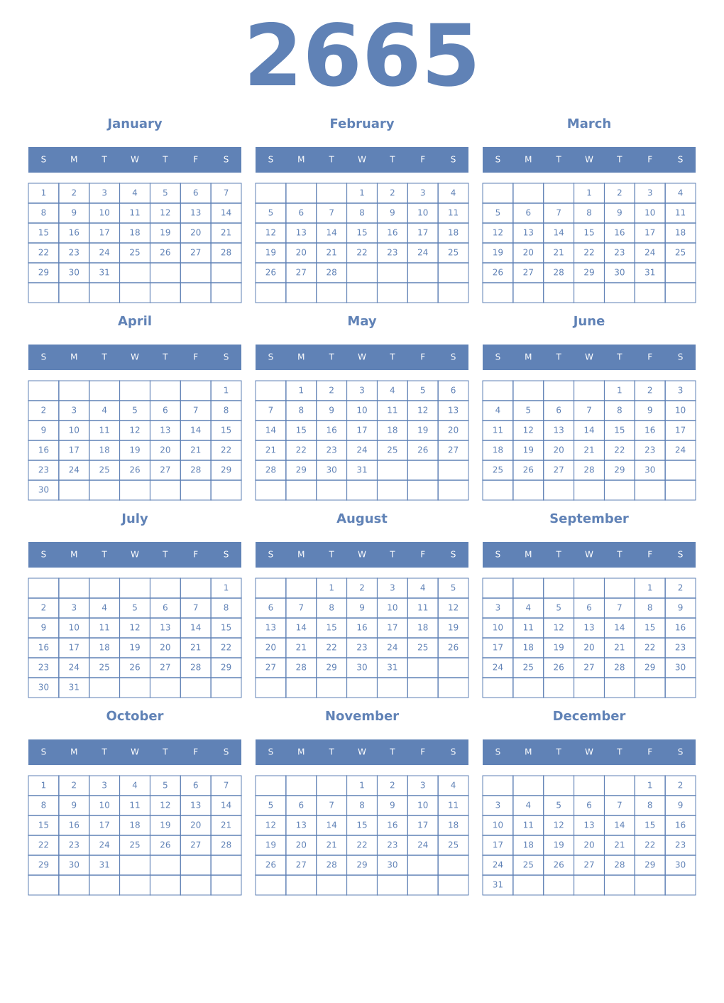 Printable 2665 Year Calendars glaucous