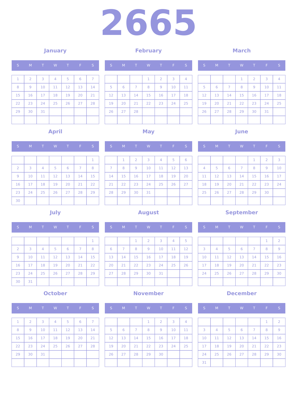 Printable 2665 Year Calendars periwinkle