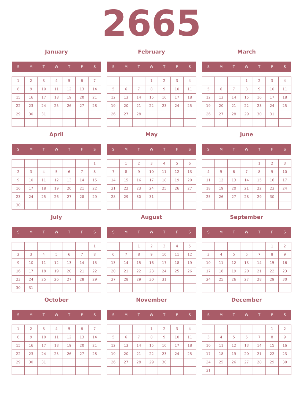 Printable 2665 Year Calendars puce