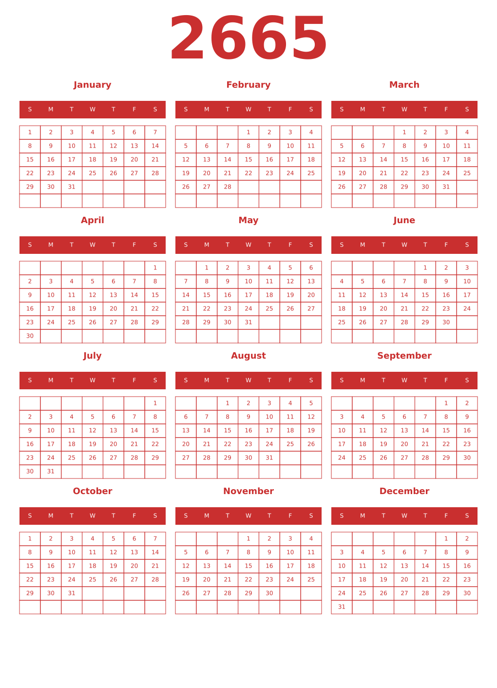 Printable 2665 Year Calendars red
