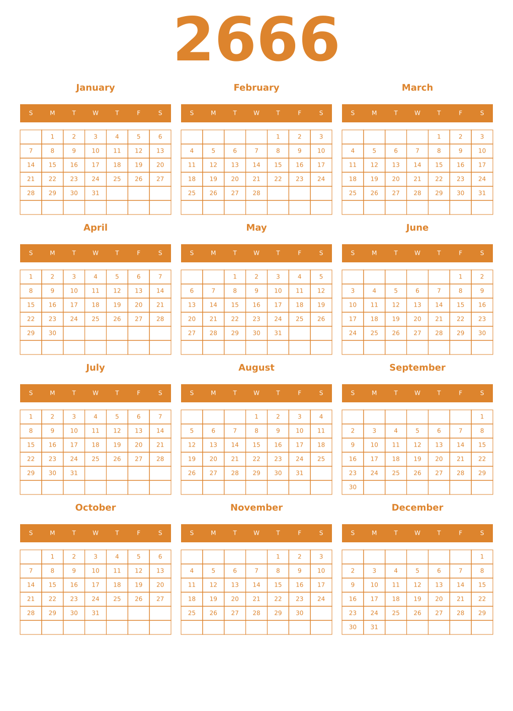 Printable 2666 Year Calendars orange