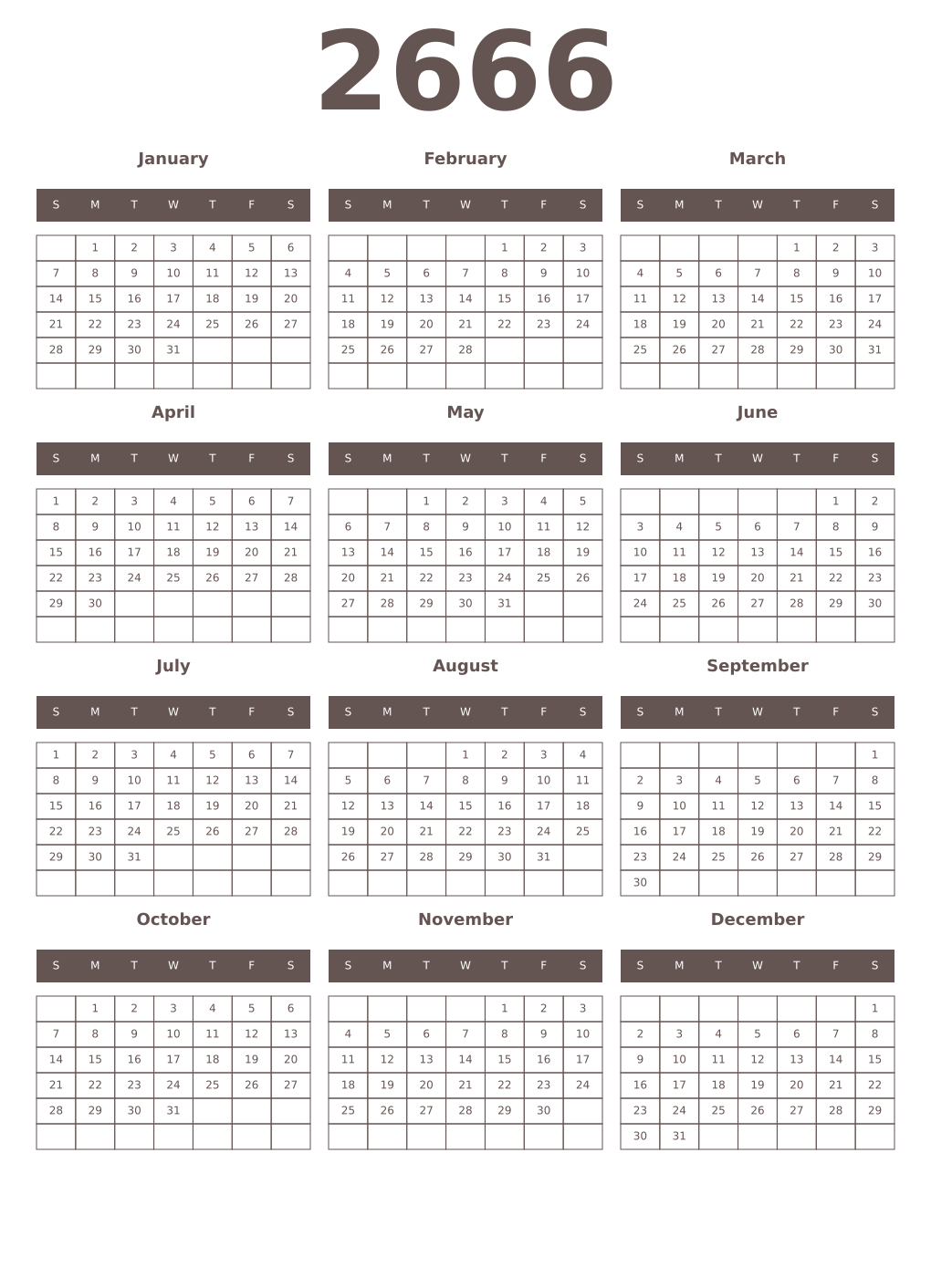 Printable 2666 Year Calendars wenge