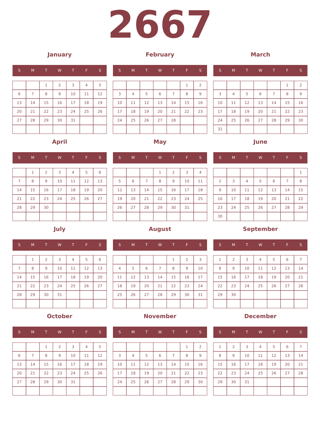 Printable 2667 Year Calendars cordovan