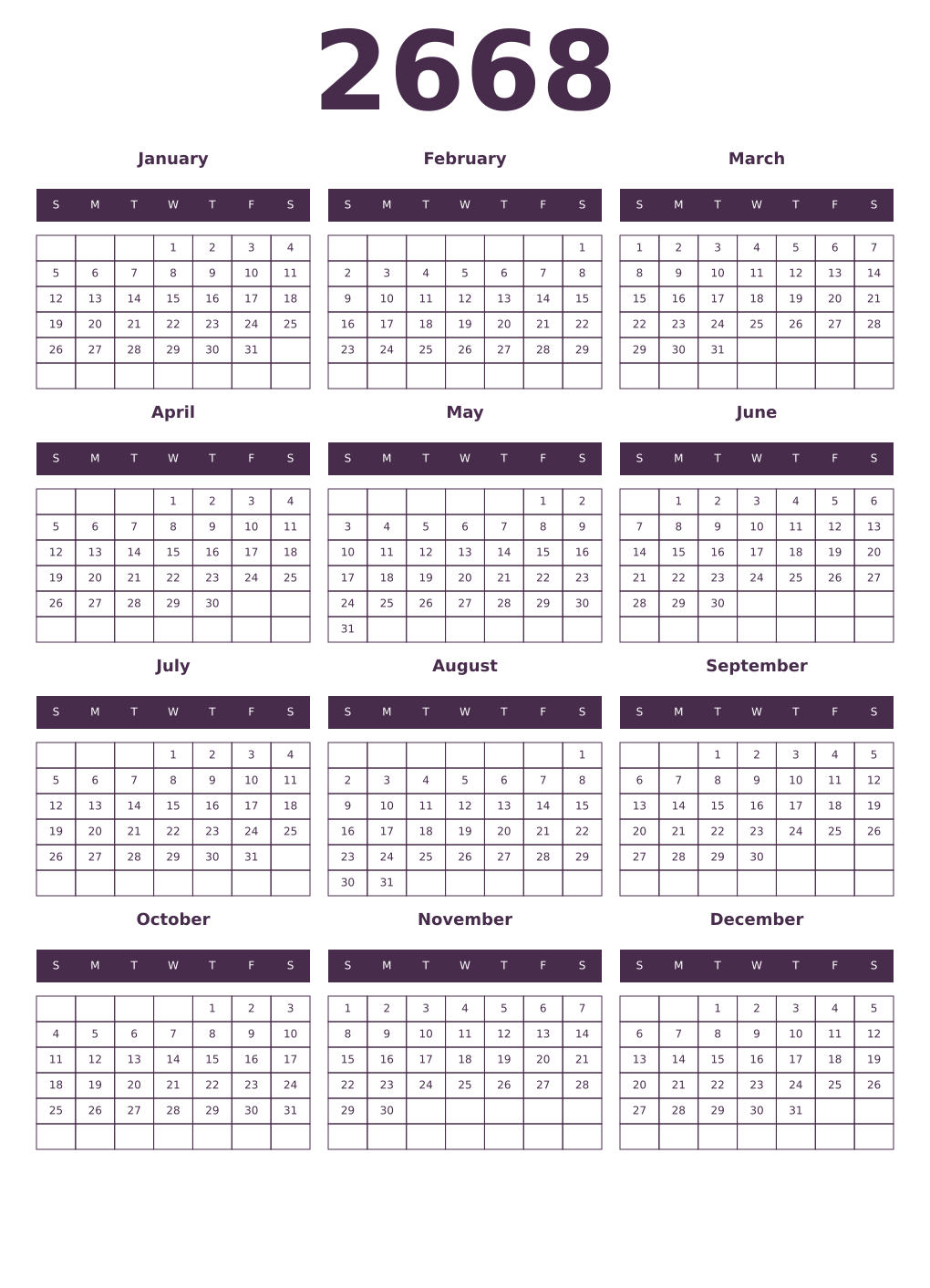 Printable 2668 Year Calendars aubergine