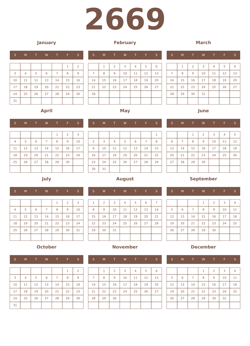 Printable 2669 Year Calendars coffe