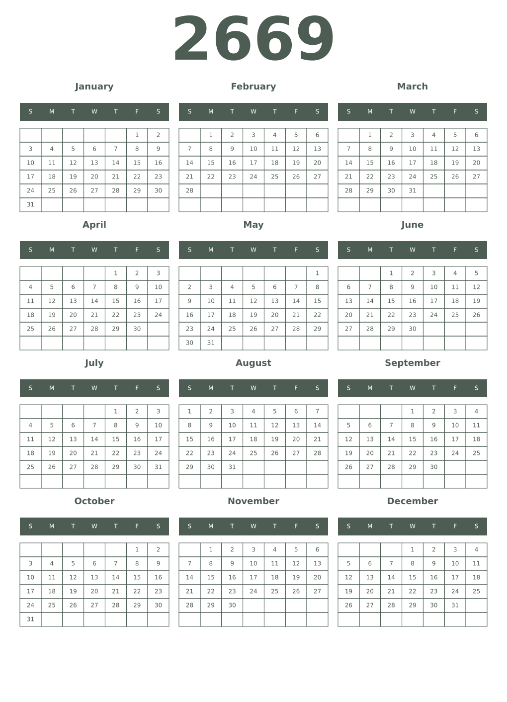 Printable 2669 Year Calendars feldgrau